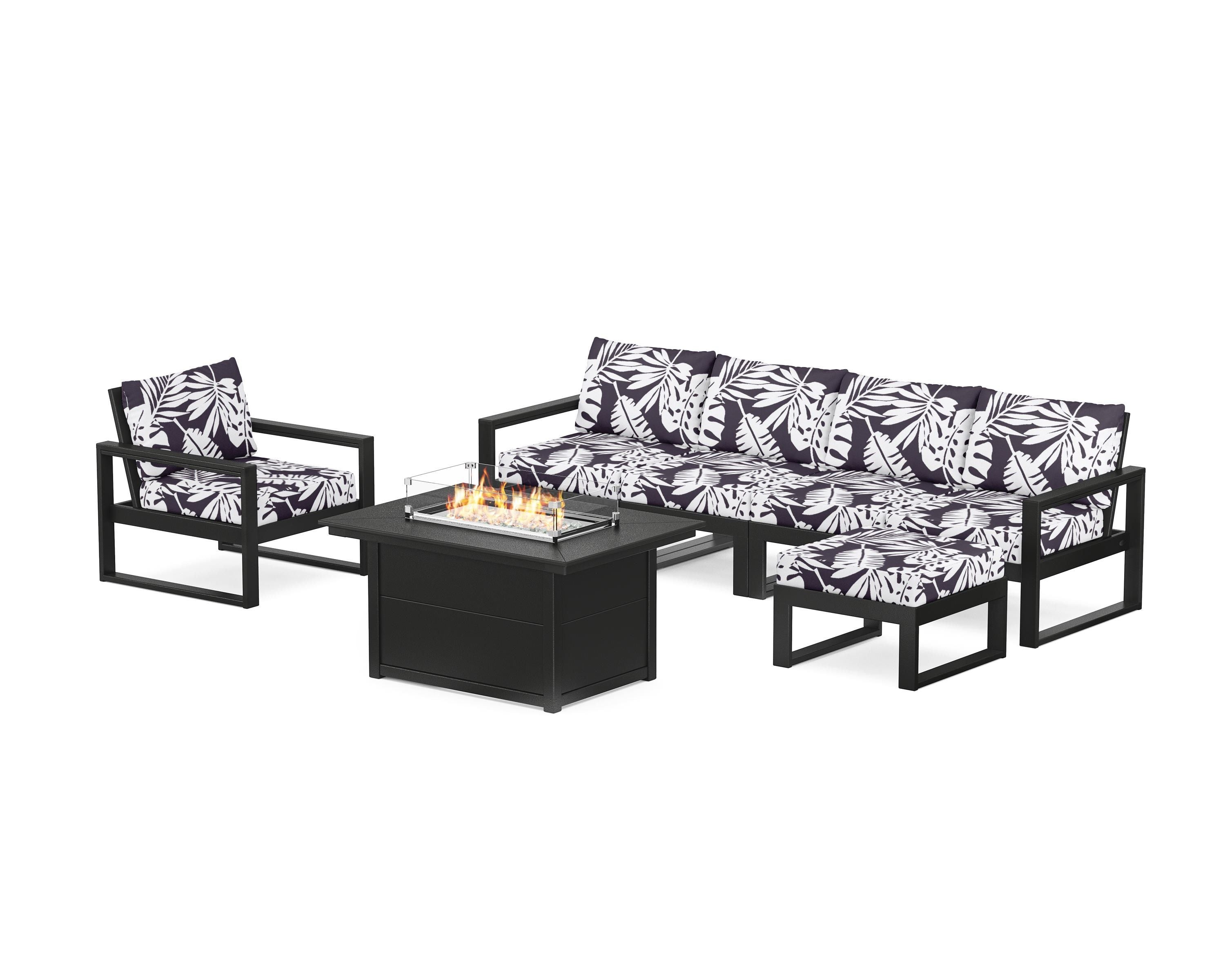 POLYWOOD® EDGE Sectional Lounge and Fire Pit Set in Black / Leaf Navy
