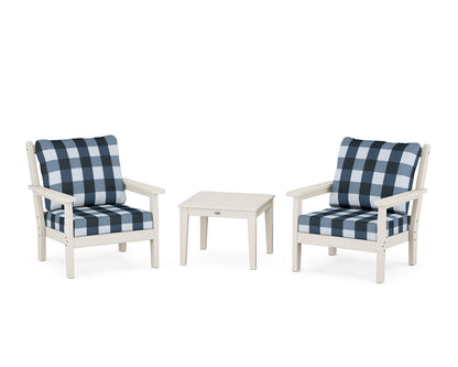 POLYWOOD® Chippendale 3-Piece Deep Seating Set in Sand / Buffalo Plaid Marine Indigo