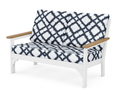 POLYWOOD® Vineyard Deep Seating Loveseat in White / Natural / Trellis Marine Indigo
