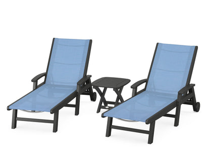 POLYWOOD® Coastal 3-Piece Wheeled Chaise Set in Black / Poolside Sling