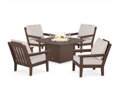 Country Living Cottage 5-Piece Deep Seating Set with Fire Pit Table in Mahogany / Dune Burlap