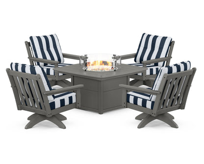 POLYWOOD® Vineyard 5-Piece Deep Seating Swivel Conversation Set with Fire Pit Table in Slate Grey / Cabana Stripe Marine Indigo