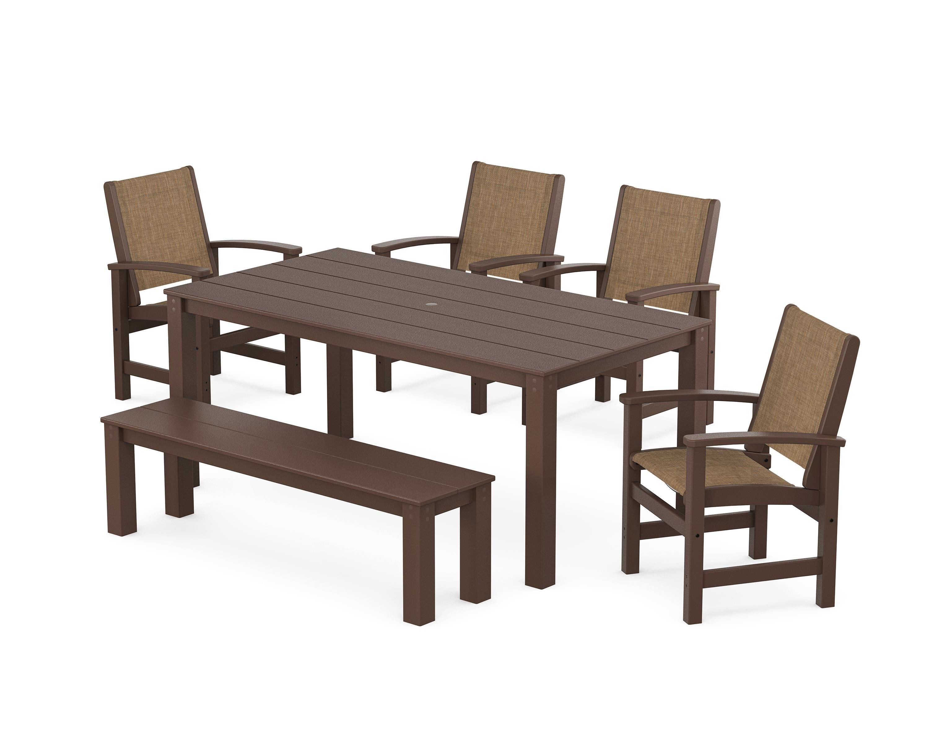 POLYWOOD® Coastal 6-Piece Parsons Dining Set with Bench in Mahogany / Burlap Sling