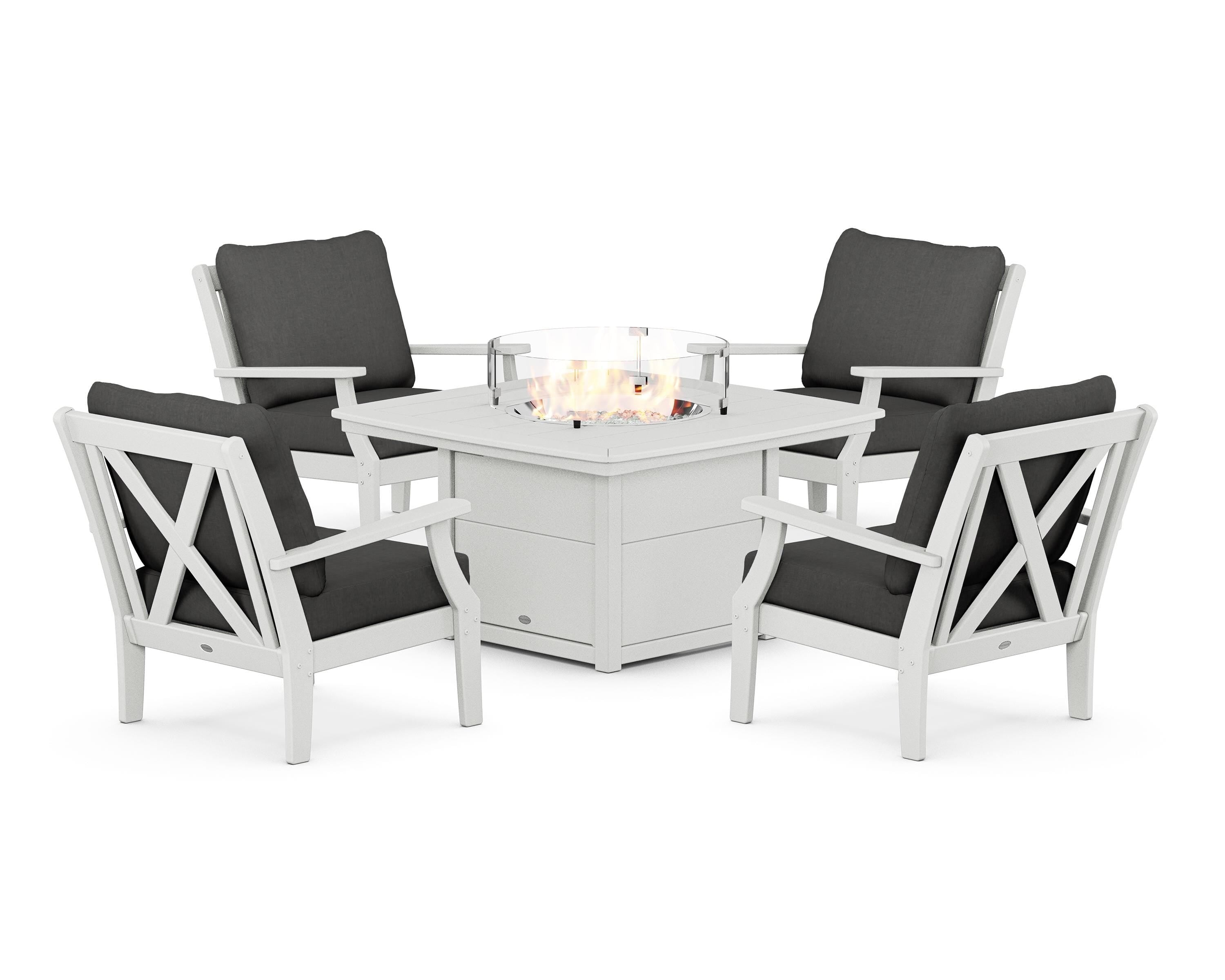 POLYWOOD® Braxton 5-Piece Deep Seating Conversation Set with Fire Pit Table in White / Spectrum Carbon