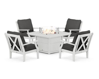 POLYWOOD® Braxton 5-Piece Deep Seating Conversation Set with Fire Pit Table in White / Spectrum Carbon