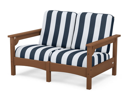 POLYWOOD® Club Loveseat in Teak / Cabana Stripe Marine Indigo