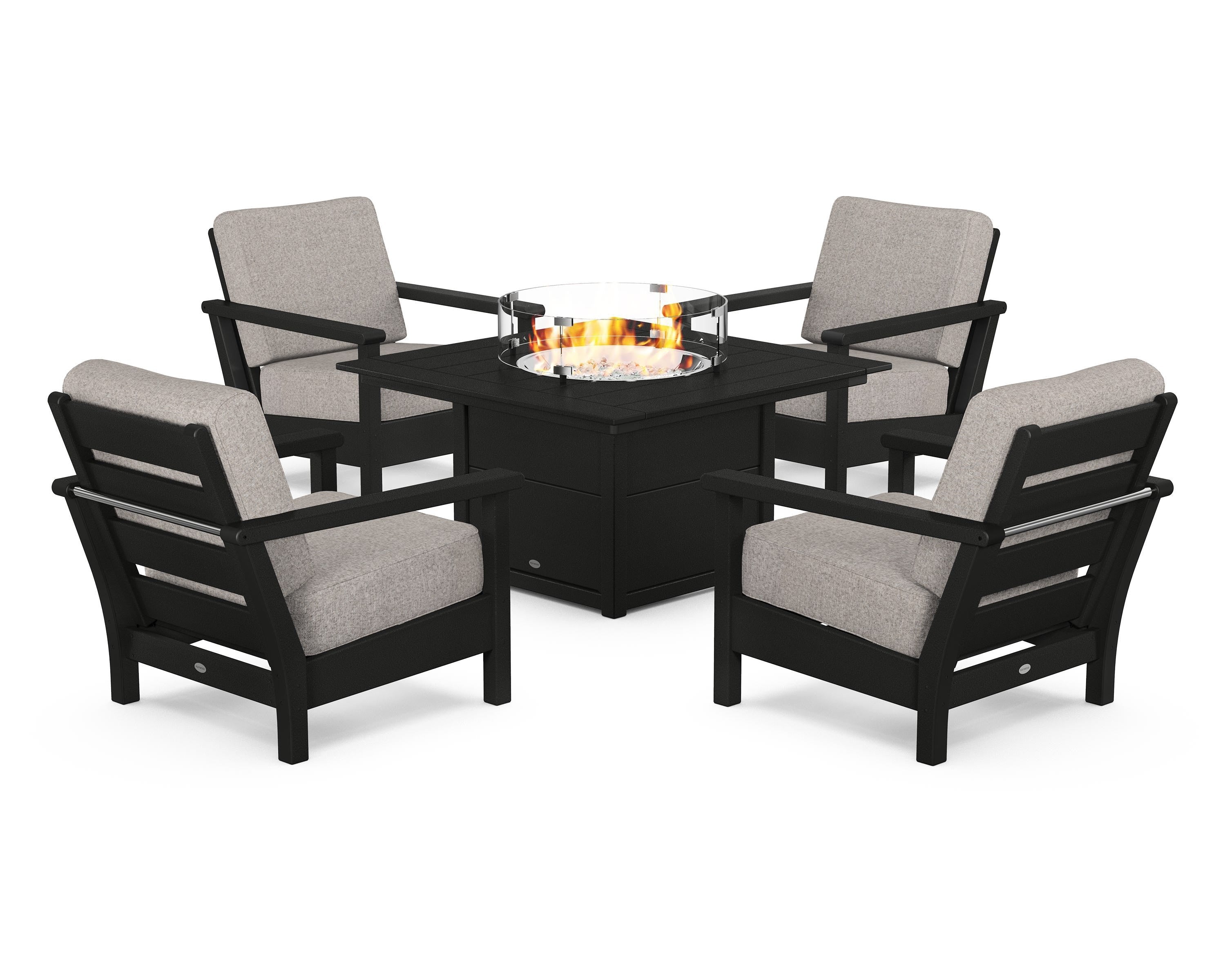 POLYWOOD® Harbour 5-Piece Conversation Set with Fire Pit Table in Black / Weathered Tweed
