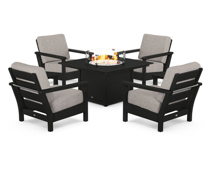 POLYWOOD® Harbour 5-Piece Conversation Set with Fire Pit Table in Black / Weathered Tweed