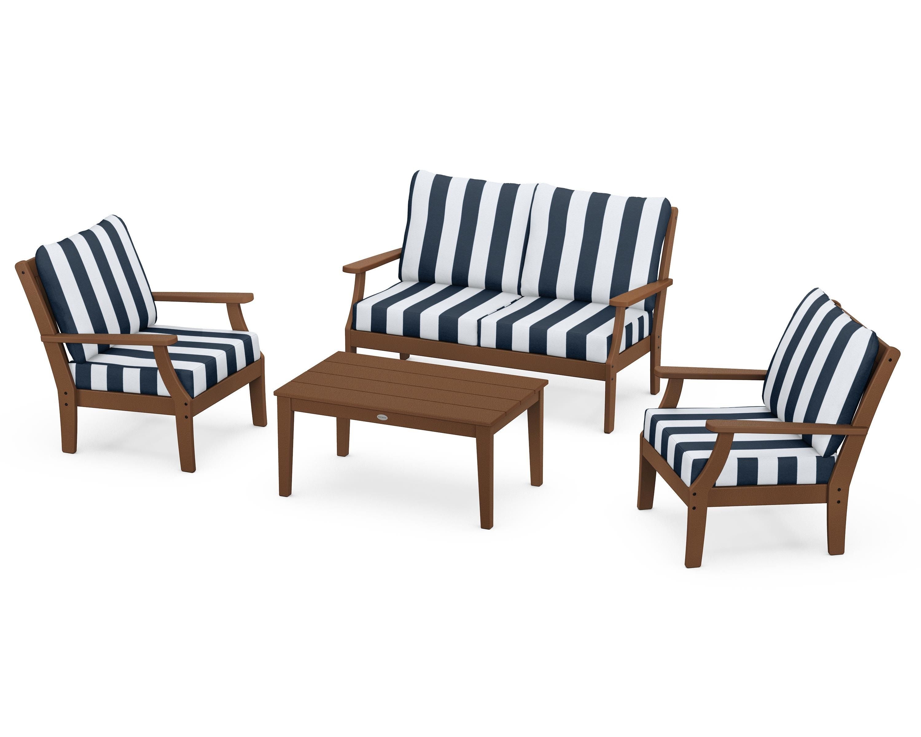 POLYWOOD® Braxton 4-Piece Deep Seating Chair Set in Teak / Cabana Stripe Marine Indigo