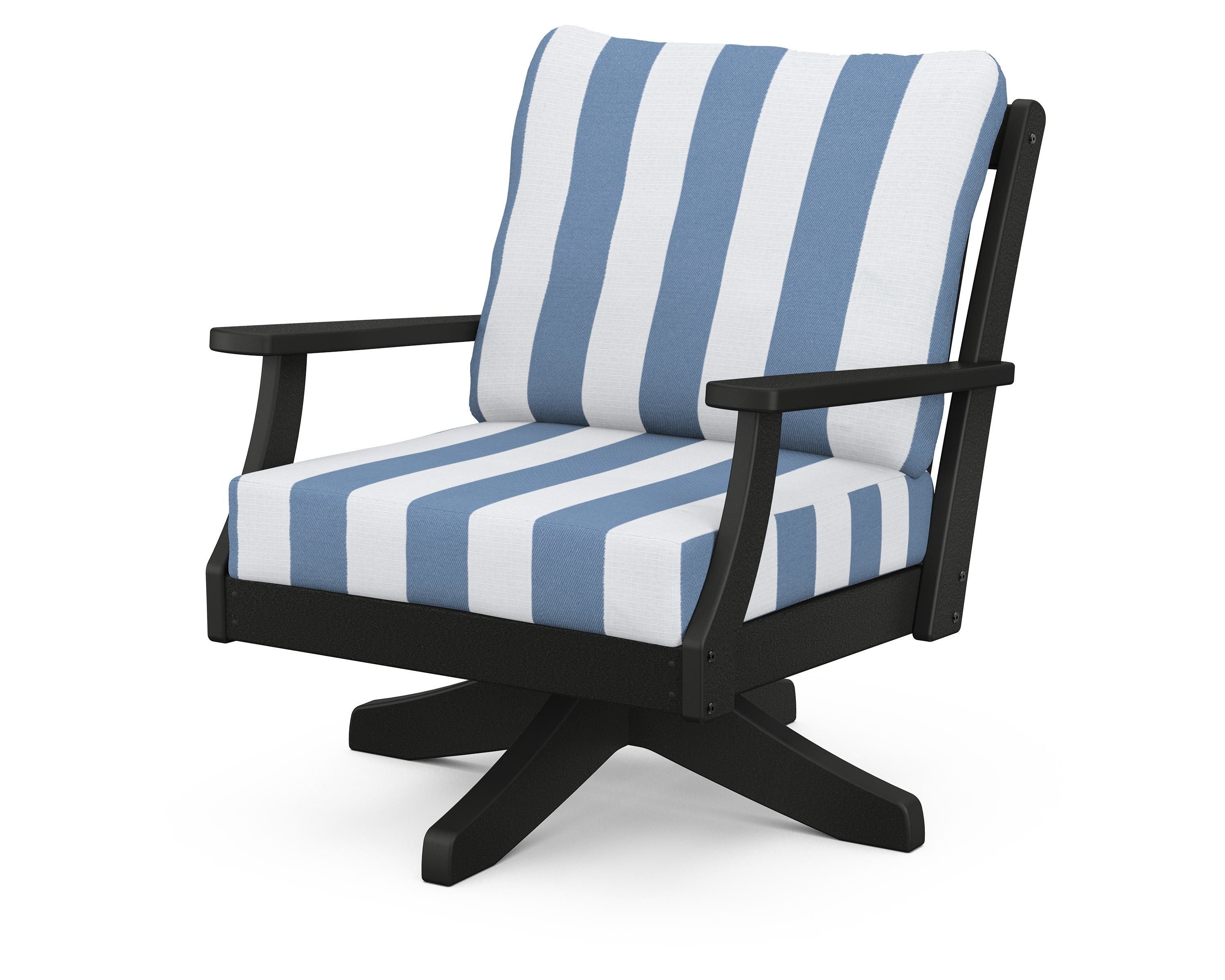 POLYWOOD® Braxton Deep Seating Swivel Chair in Black / Cabana Stripe Sky Blue