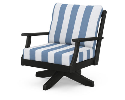 POLYWOOD® Braxton Deep Seating Swivel Chair in Black / Cabana Stripe Sky Blue