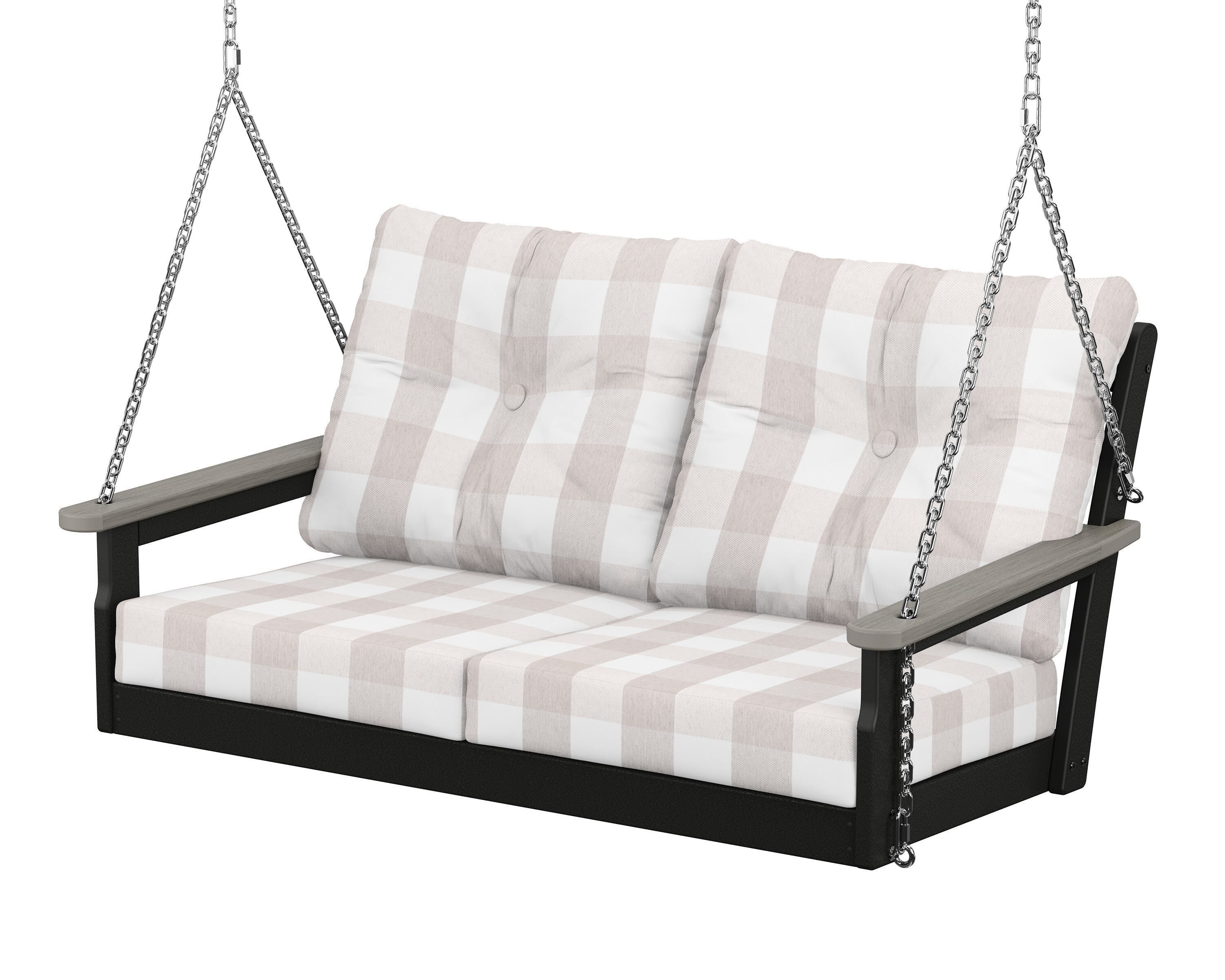 POLYWOOD® Vineyard Deep Seating Swing in Black / Driftwood / Buffalo Plaid Dune Burlap