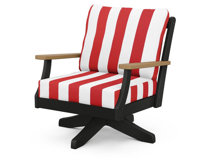 POLYWOOD® Braxton Deep Seating Swivel Chair in Black / Natural / Cabana Stripe Crimson