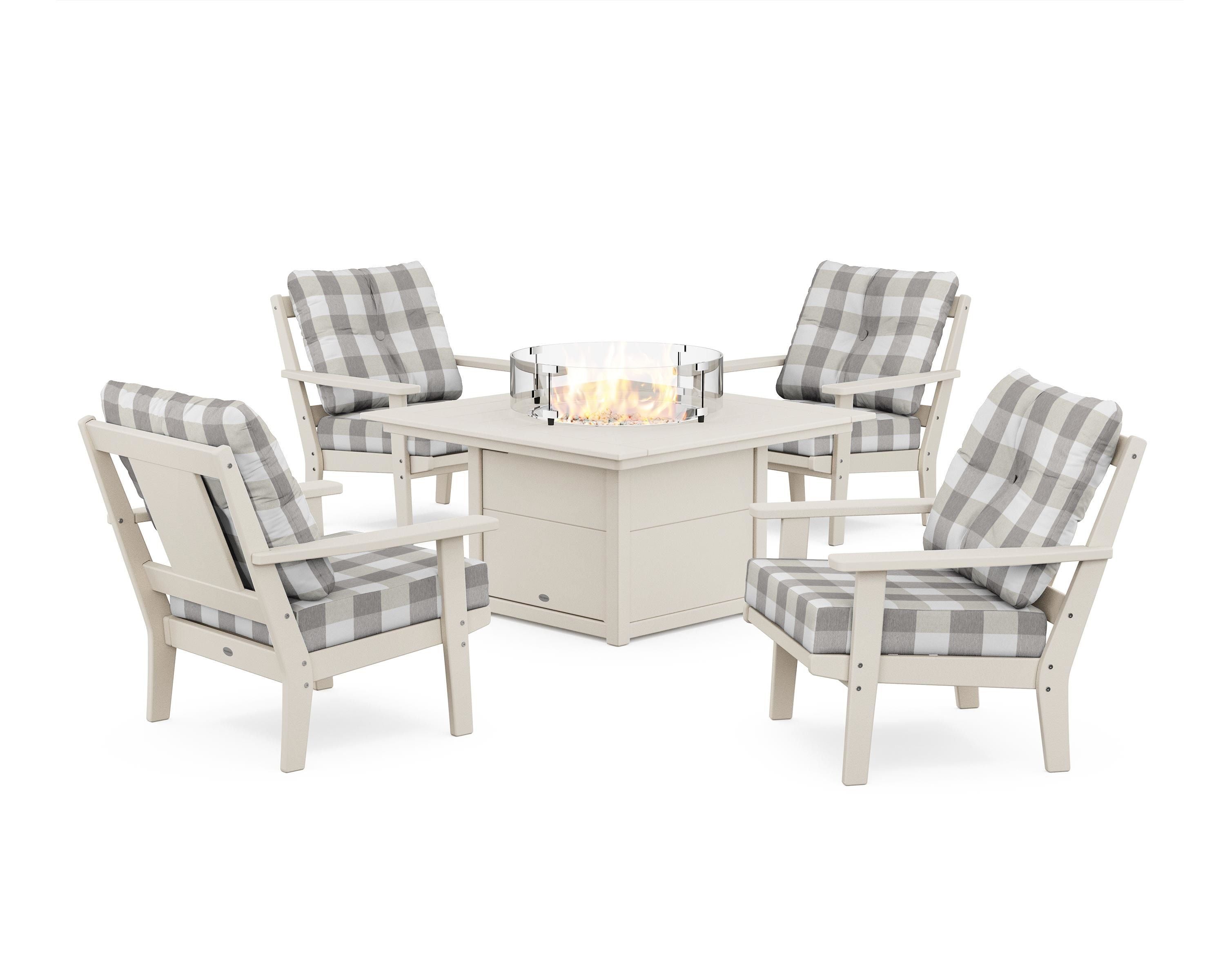 POLYWOOD® Prairie 5-Piece Deep Seating Set with Fire Pit Table in Sand / Buffalo Plaid Grey Mist