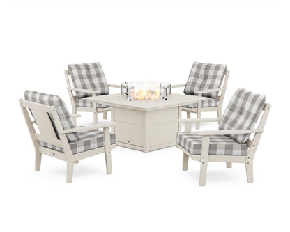 POLYWOOD® Prairie 5-Piece Deep Seating Set with Fire Pit Table in Sand / Buffalo Plaid Grey Mist