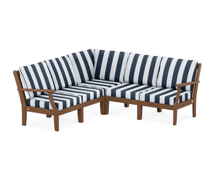 POLYWOOD® Braxton Modular 5-Piece Deep Seating Set in Teak / Cabana Stripe Marine Indigo