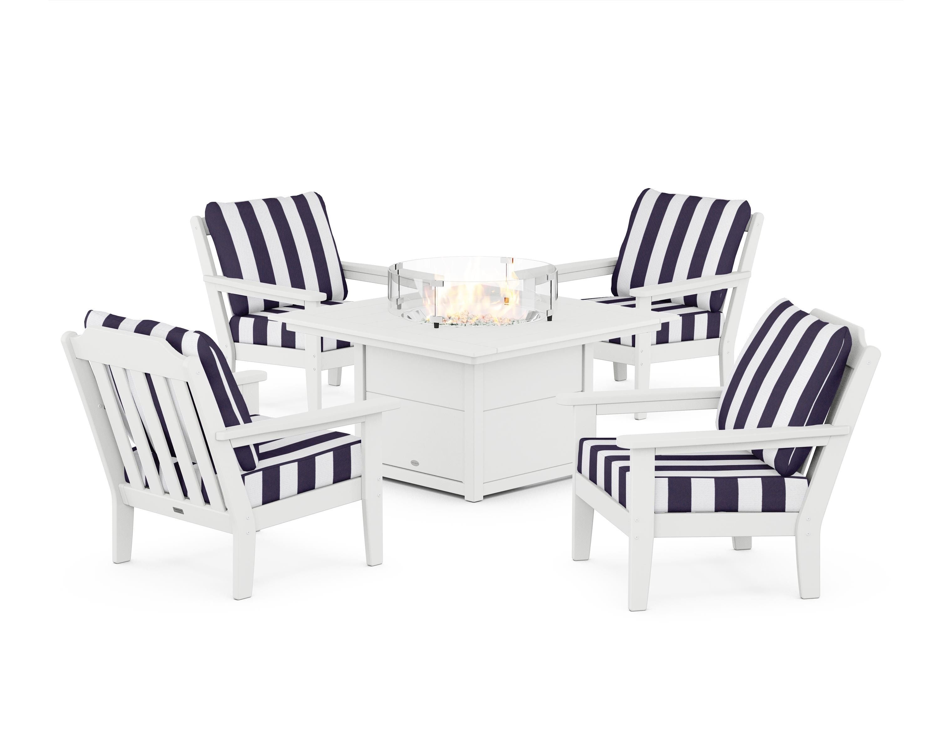 Country Living Cottage 5-Piece Deep Seating Set with Fire Pit Table in White / Cabana Stripe Navy
