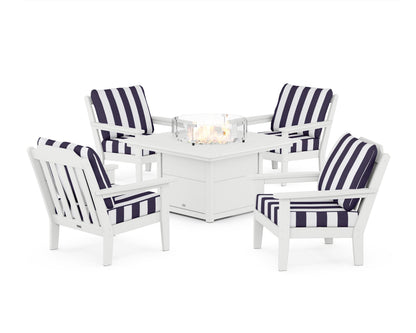 Country Living Cottage 5-Piece Deep Seating Set with Fire Pit Table in White / Cabana Stripe Navy