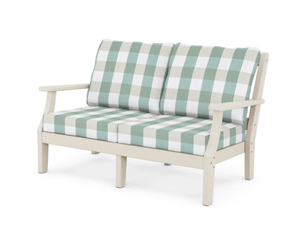 Martha Stewart by POLYWOOD® Chinoiserie Deep Seating Loveseat in Sand / Buffalo Plaid Glacier Spa