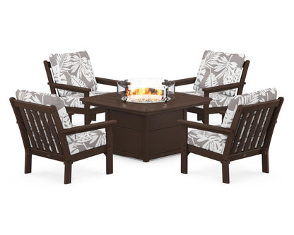 POLYWOOD® Vineyard 5-Piece Conversation Set with Fire Pit Table in Mahogany / Leaf Grey Mist