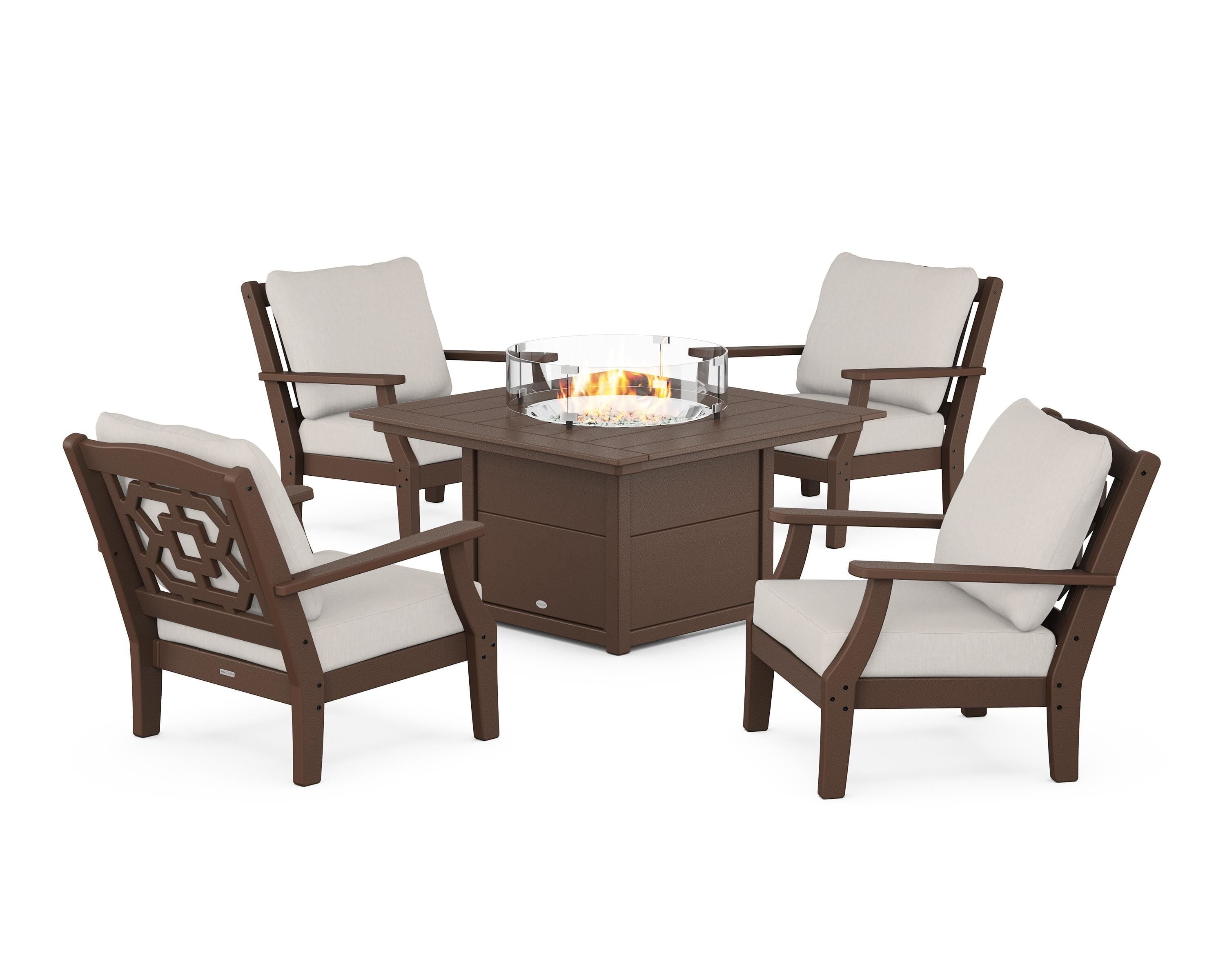 Martha Stewart by POLYWOOD® Chinoiserie 5-Piece Deep Seating Set with Fire Pit Table in Mahogany / Cast Ash