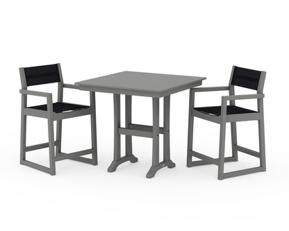 POLYWOOD® EDGE Sling Arm Chair 3-Piece Farmhouse Counter Set with Trestle Legs in Slate Grey / Black Sling