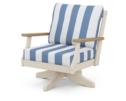 POLYWOOD® Braxton Deep Seating Swivel Chair in Sand / Natural / Cabana Stripe Sky Blue