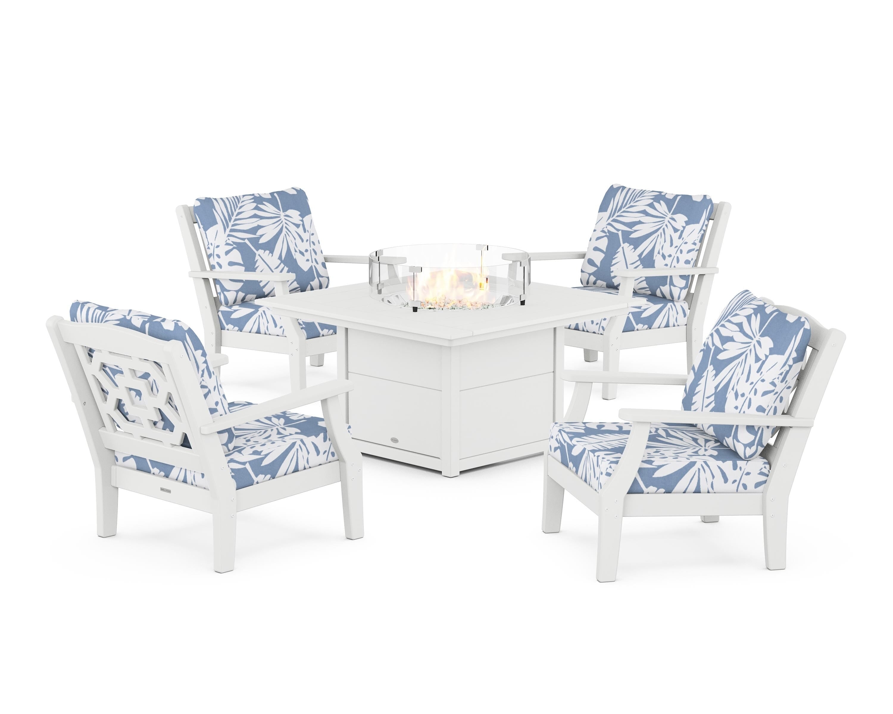 Martha Stewart by POLYWOOD® Chinoiserie 5-Piece Deep Seating Set with Fire Pit Table in White / Leaf Sky Blue