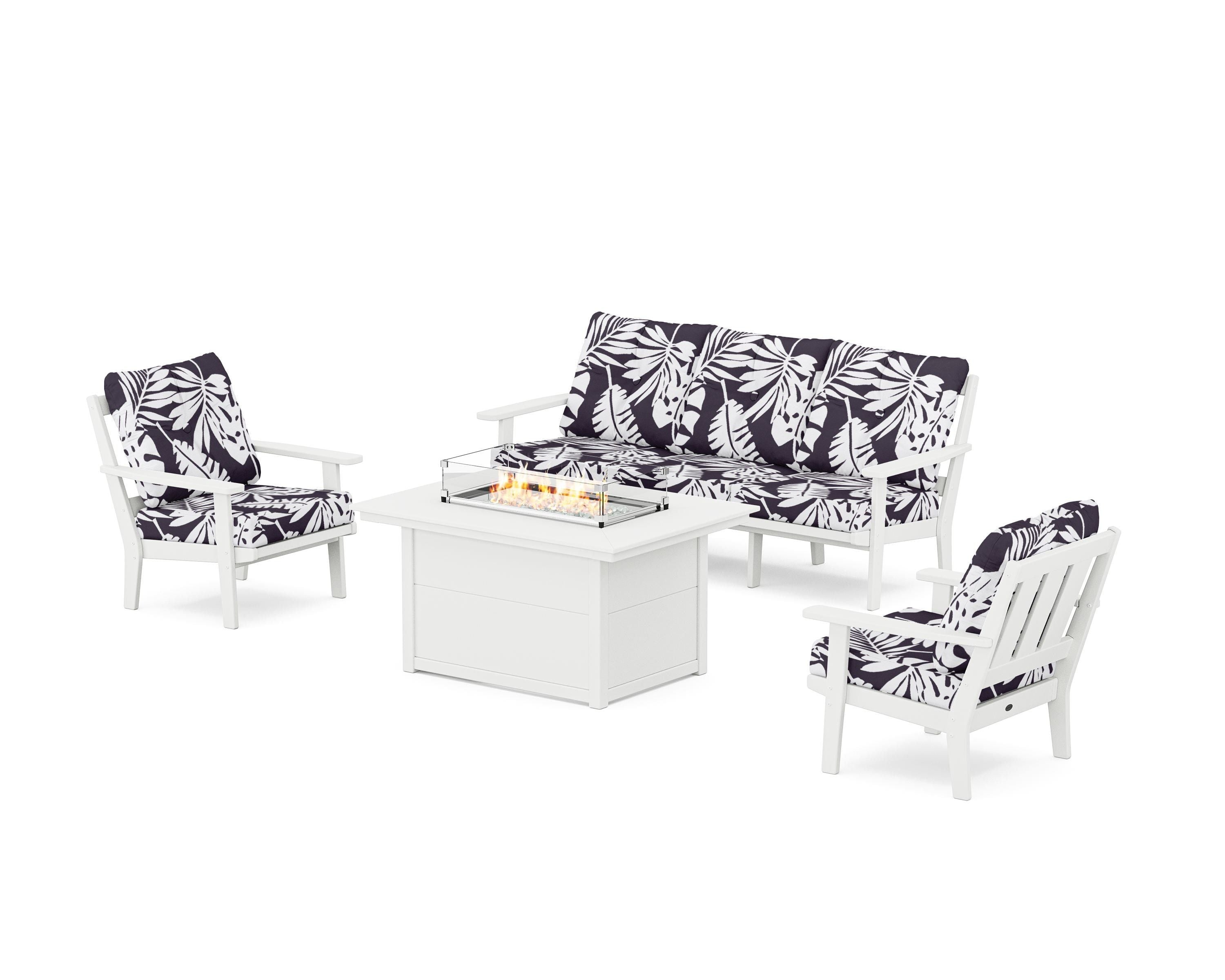 POLYWOOD® Oxford Deep Seating Fire Pit Table Set in White / Leaf Navy