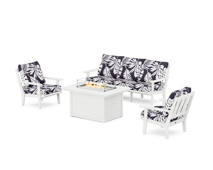POLYWOOD® Oxford Deep Seating Fire Pit Table Set in White / Leaf Navy