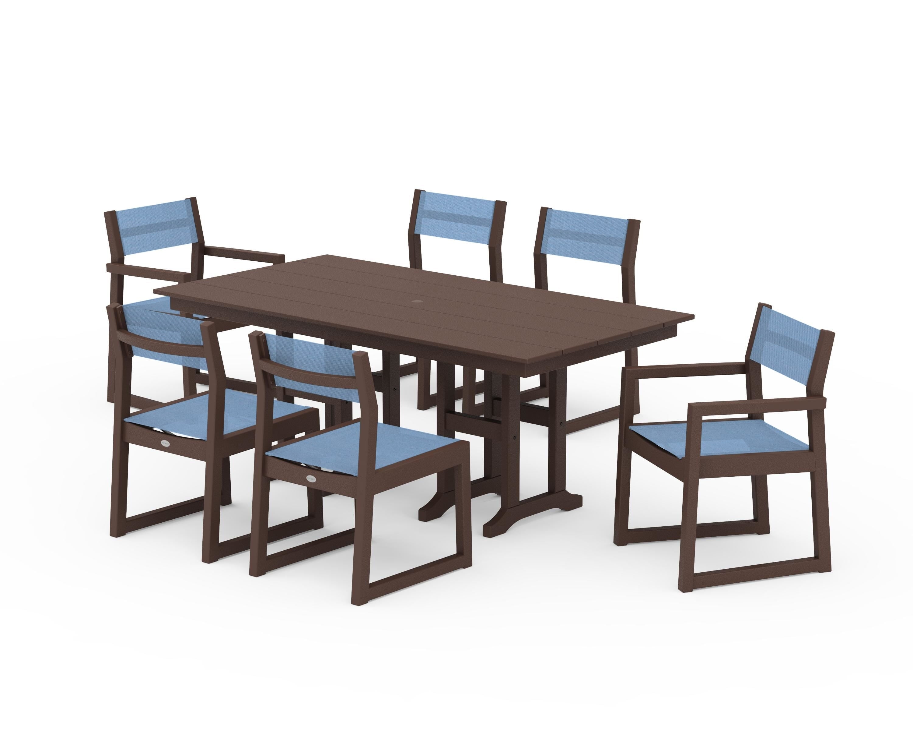 POLYWOOD® EDGE Sling 7-Piece Farmhouse Dining Set in Mahogany / Poolside Sling