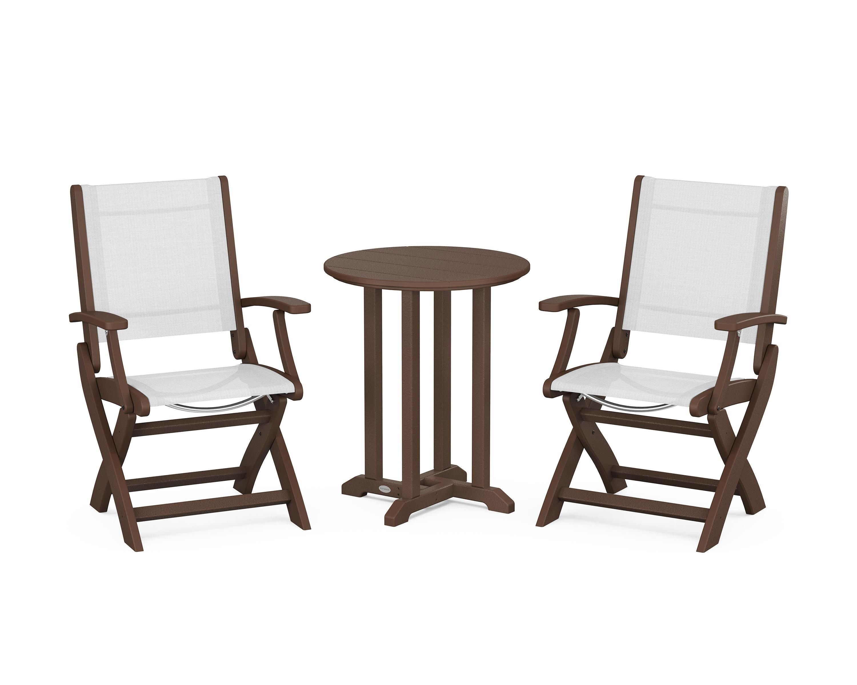 POLYWOOD® Coastal Folding 3-Piece Round Bistro Dining Set in Mahogany / White Sling