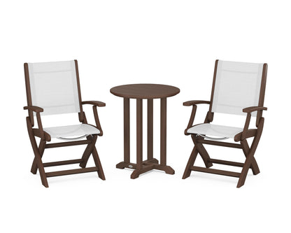 POLYWOOD® Coastal Folding 3-Piece Round Bistro Dining Set in Mahogany / White Sling
