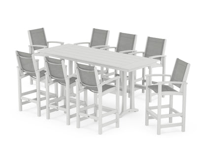 POLYWOOD® Coastal 9-Piece Farmhouse Bar Set with Trestle Legs in White / Metallic Sling