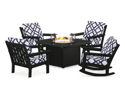 POLYWOOD® Vineyard 5-Piece Deep Seating Rocking Chair Conversation Set with Fire Pit Table in Black / Trellis Navy