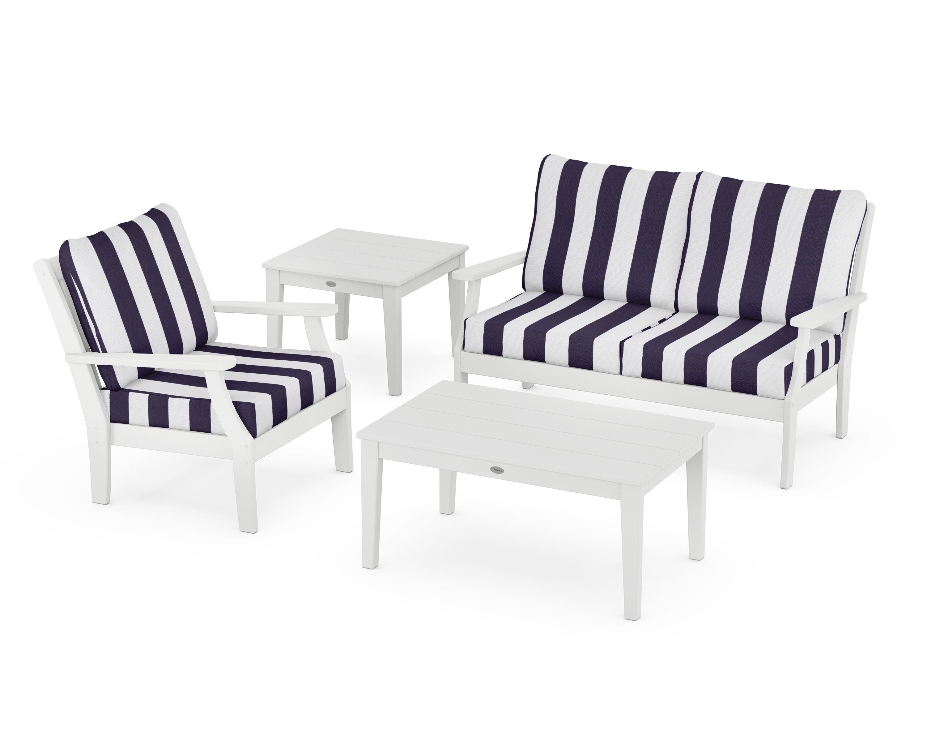 POLYWOOD® Braxton 4-Piece Deep Seating Set in White / Cabana Stripe Navy