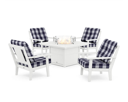 POLYWOOD® Prairie 5-Piece Deep Seating Set with Fire Pit Table in White / Buffalo Plaid Navy