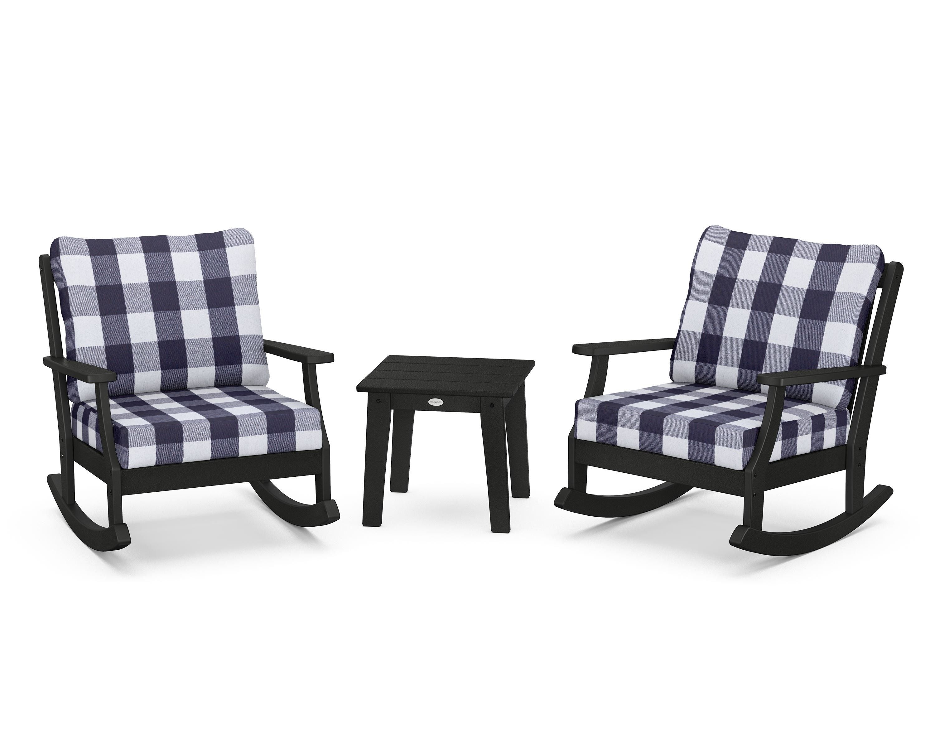 POLYWOOD® Braxton 3-Piece Deep Seating Rocker Set in Black / Buffalo Plaid Navy