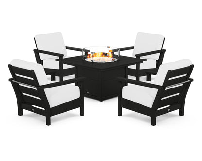 POLYWOOD® Harbour 5-Piece Conversation Set with Fire Pit Table in Black / Natural