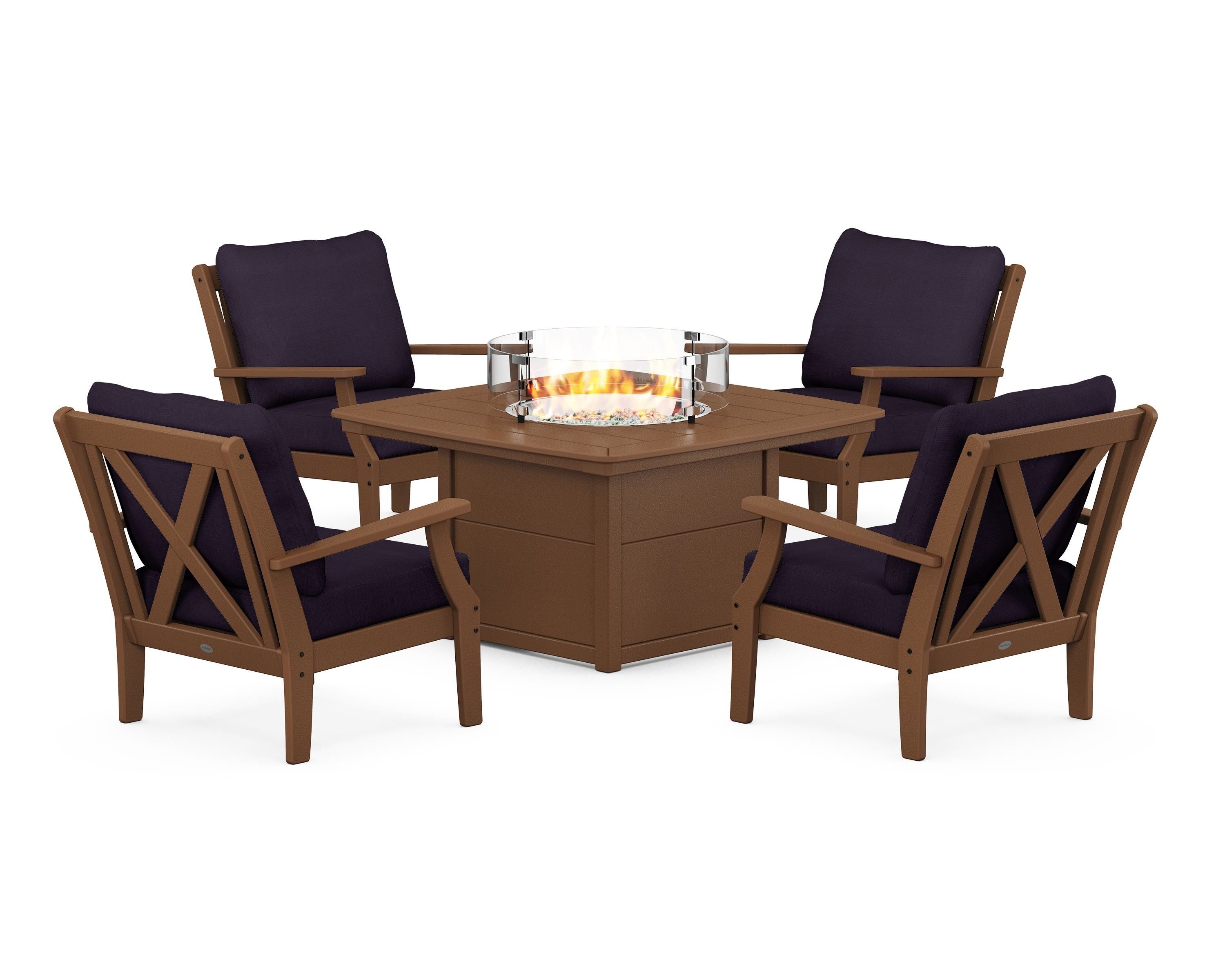 POLYWOOD® Braxton 5-Piece Deep Seating Conversation Set with Fire Pit Table in Teak / Navy Linen