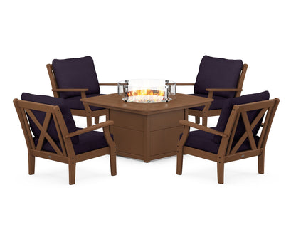 POLYWOOD® Braxton 5-Piece Deep Seating Conversation Set with Fire Pit Table in Teak / Navy Linen