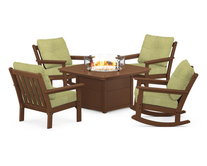 POLYWOOD® Vineyard 5-Piece Deep Seating Rocking Chair Conversation Set with Fire Pit Table in Teak / Chartreuse Boucle