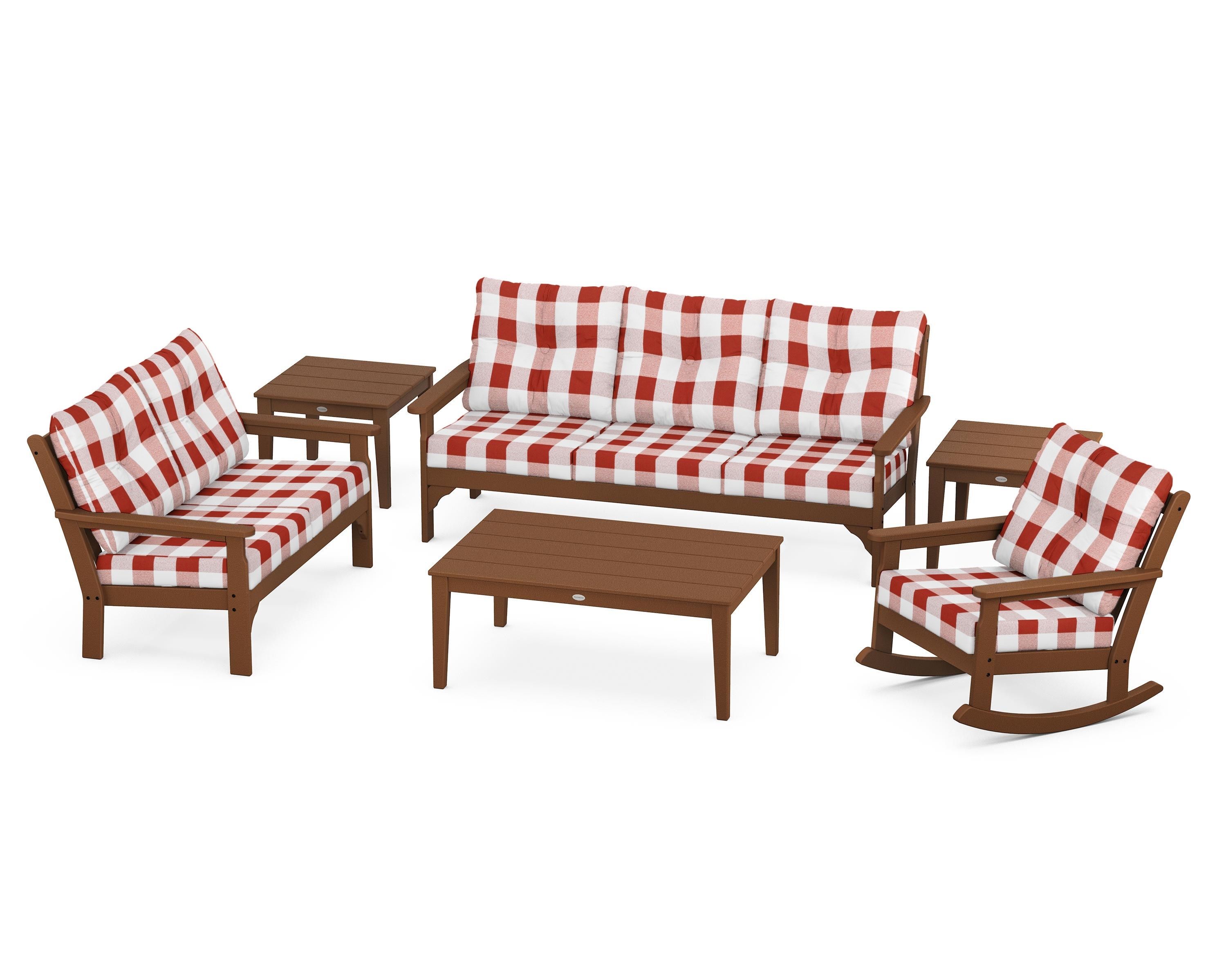 POLYWOOD® Vineyard 6-Piece Deep Seating Set in Teak / Buffalo Plaid Crimson