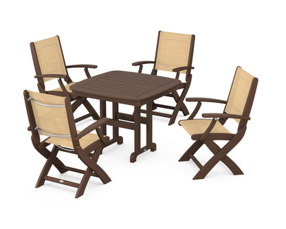 POLYWOOD® Coastal Folding Chair 5-Piece Dining Set in Mahogany / Dupioni Apricot Sling