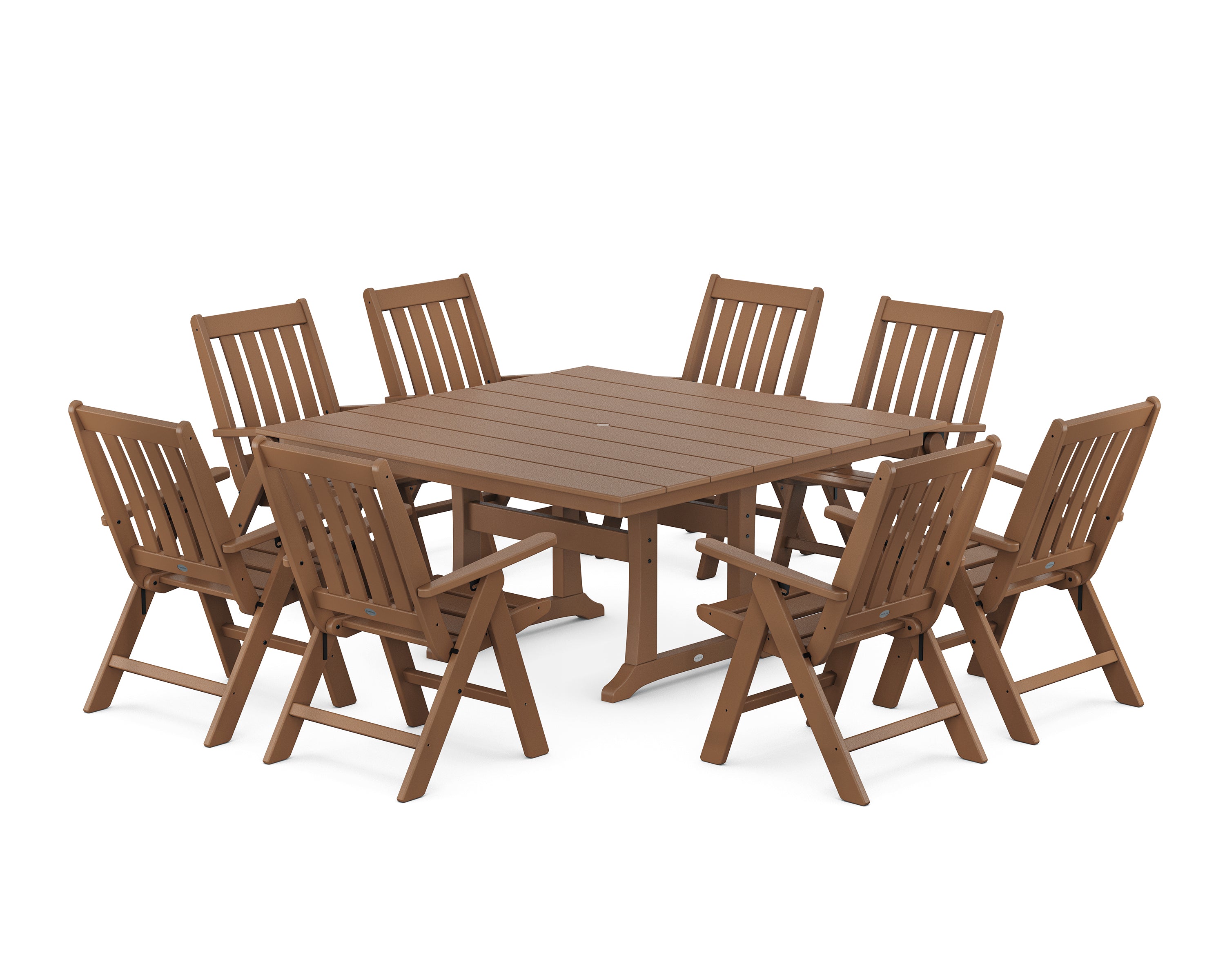 POLYWOOD® Vineyard Folding Chair 9-Piece Square Farmhouse Dining Set with Trestle Legs in Teak