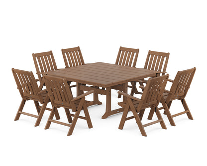 POLYWOOD® Vineyard Folding Chair 9-Piece Square Farmhouse Dining Set with Trestle Legs in Teak