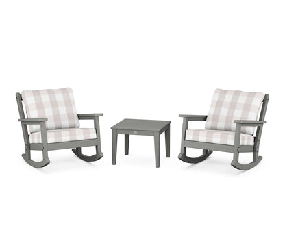 POLYWOOD® Chippendale 3-Piece Deep Seating Rocker Set in Slate Grey / Buffalo Plaid Dune Burlap