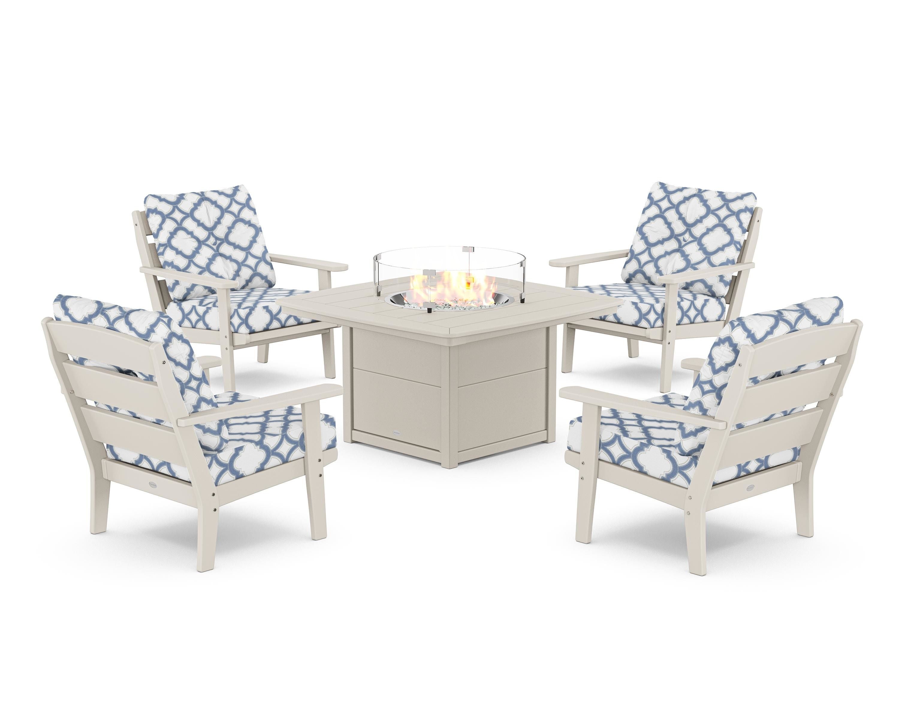 POLYWOOD® Lakeside 5-Piece Deep Seating Set with Nautical Fire Pit Table in Sand / Trellis Sky Blue