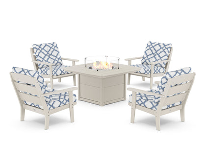 POLYWOOD® Lakeside 5-Piece Deep Seating Set with Nautical Fire Pit Table in Sand / Trellis Sky Blue
