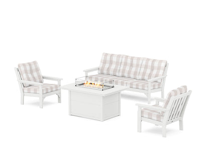 POLYWOOD® Vineyard Deep Seating Fire Pit Table Set in White / Buffalo Plaid Dune Burlap